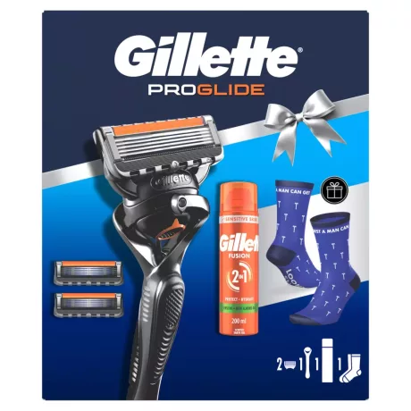 Gillette ProGlide ajándékcsomag borotva + 2db betét + Fusion Sensitive borotva gél + zokni