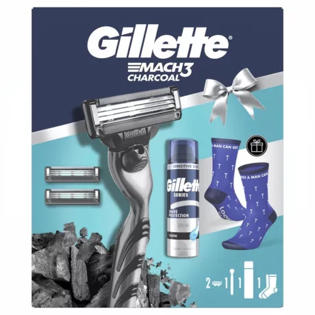 Gillette Mach3 Charcoal ajándékcsomag borotva + 2db betét + Series borotva gél + zokni