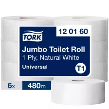   Tork Universal Jumbo toalettpapír 26cm átm. - 1 rétegű, fehér, 480m (Karton - 6 tek)