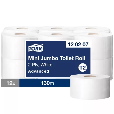 Tork Mini Jumbo toalettpapír 19cm átm. - 2 rétegű, fehér, 130m (Karton - 12 tek)