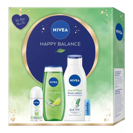 Nivea Happy Balance Ajándékcsomag - Golyós dezodor + Labello + Tusfürdő + Testápoló