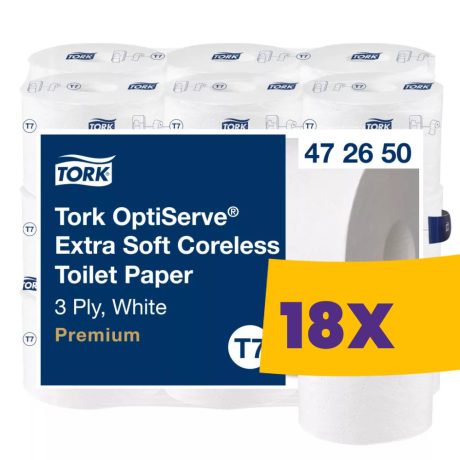 Tork OptiServe® Extra Soft belsőmag nélküli Mid-size toalettpapír - 3 rétegű, hófehér, 63,3m (Karton - 18 tek)