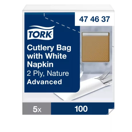 Tork Barna evőeszköztartó Fehér szalvétával - 2 rétegű, zsebes, 500db
