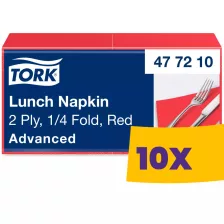   Tork Lunch szalvéta Piros - 2 rétegű, 33x33cm, 1/4 hajtás, 200 lap (Karton - 10 csg)
