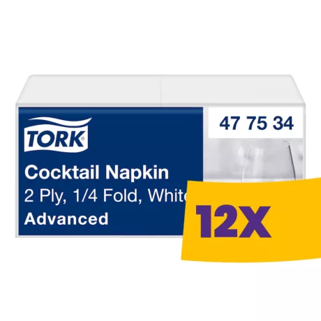 Tork Koktélszalvéta Fehér- 2 rétegű, 24x24cm, 1/4 hajtás, 200 lap (Karton - 12 csg)