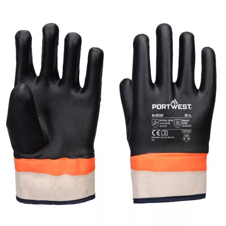 Portwest A402 Duplán mártott PVC kesztyű homok bevonattal fekete