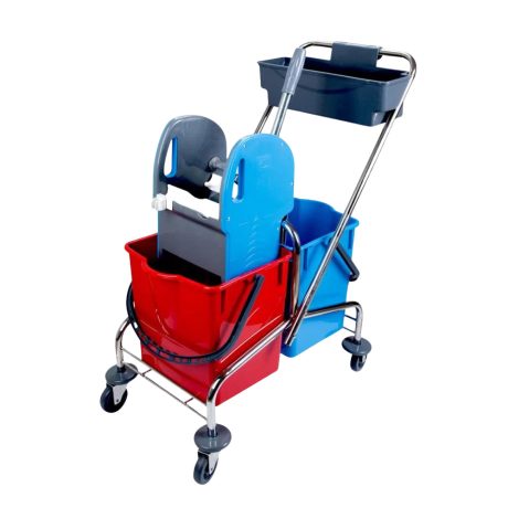 Takarítókocsi acél vázzal, 2x18L vödörrel, eszköztartóval