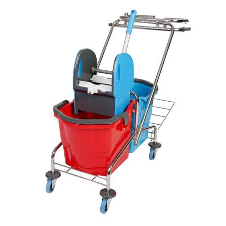 Takarítókocsi acél vázzal, 2x18L vödörrel, eszköztartóval, zsáktartóval