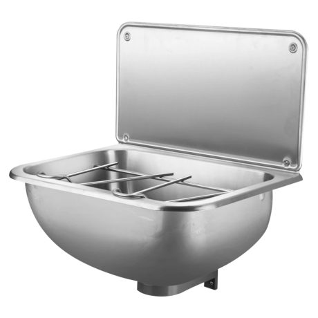 Rozsdamentes acél kiöntő, falikút ráccsal, hátlappal, szifon nélkül