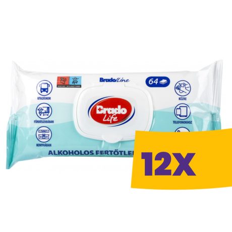 Bradolife alkoholos fertőtlenítő kendő 64db (Karton - 12 csomag)