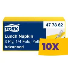  Tork Lunch szalvéta Sárga - 3 rétegű, 33x33cm, 1/4 hajtás, 150 lap (Karton - 10 csomag)