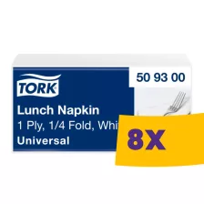   Tork Lunch szalvéta Fehér - 1 rétegű, 33x33cm, 1/4 hajtás, 500 lap (Karton - 8 csomag)
