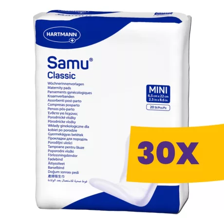 Hartmann Samu Classic Mini nőgyógyógyászati betét 6,5x22cm 20db (Karton - 30 csomag)