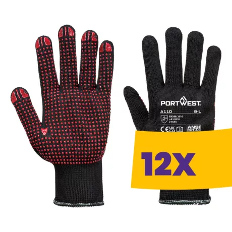 Portwest A110 Nylon PVC pontozott védőkesztyű fekete (Karton - 12 pár)