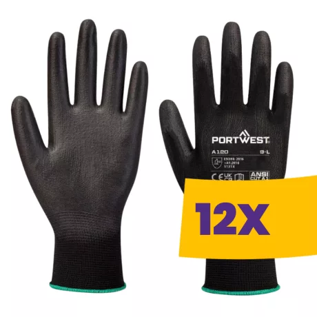 Portwest A120 Nylon védőkesztyű PU tenyérmártott fekete (Karton - 12 pár)