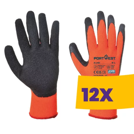 Portwest A140 Mártott latex védőkesztyű, téli kivitel narancs (Karton - 12 pár)