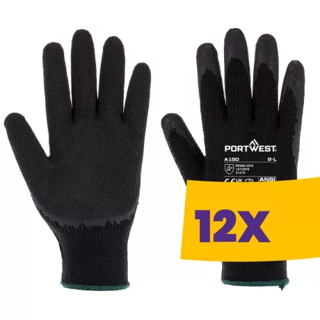 Portwest A150 Mártott latex munkavédelmi kesztyű (A100 öko verzió) fekete (Karton - 12 pár)