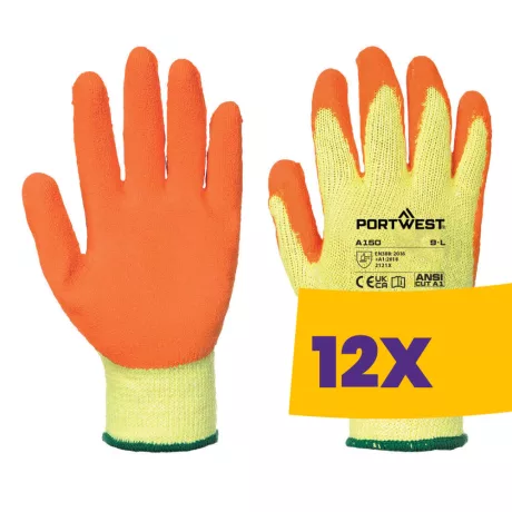Portwest A150 Mártott latex munkavédelmi kesztyű (A100 öko verzió) sárga (Karton - 12 pár)