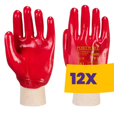 Portwest A400 Csuklóig mártott PVC kesztyű piros (Karton - 12 pár)