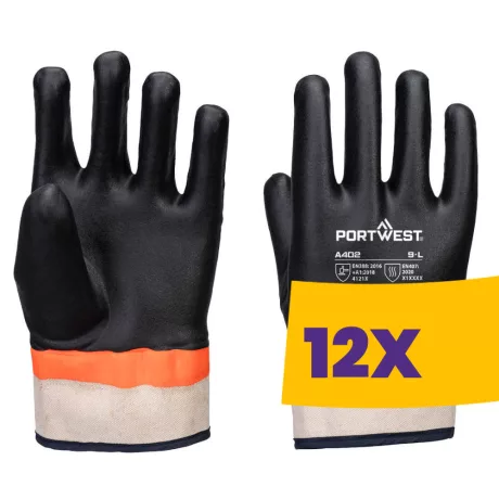 Portwest A402 Duplán mártott PVC kesztyű homok bevonattal fekete (Karton - 12 pár)