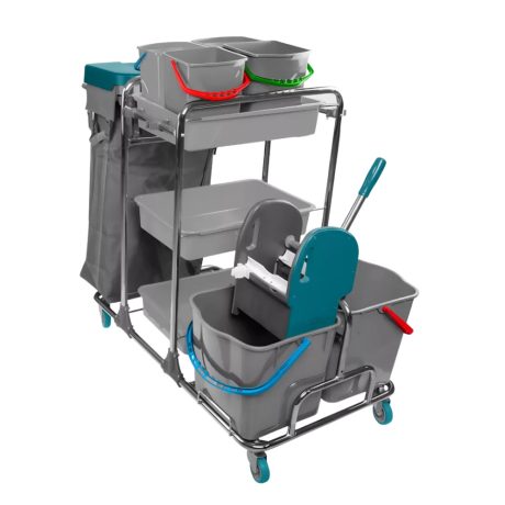 Kombi takarítókocsi acél vázzal, 2x25L + 4x5L vödörrel, eszköztartóval, zsáktartóval