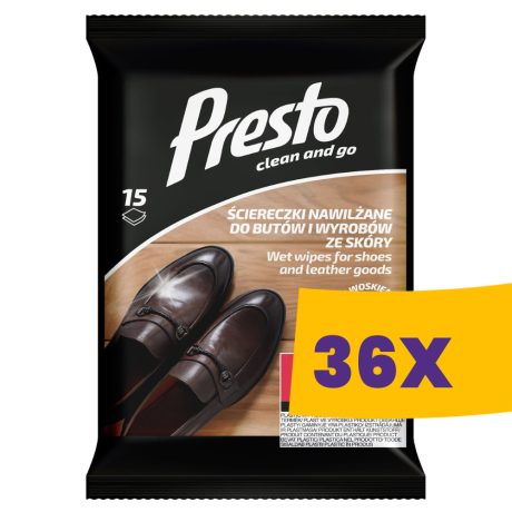 Presto nedves cipő- és bőrtisztító kendő 15db (Karton - 36 csomag)