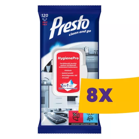 Presto Hygiene Pro antibakteriális törlőkendő 120db (Karton - 8 csomag)