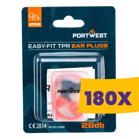 Portwest EP22 Könnyen illeszkedő zsinóros TPR füldugó 28dB (Karton - 180 db)