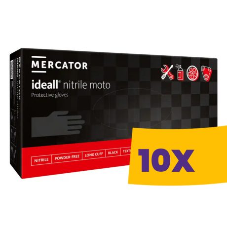 Mercator Ideall Moto vastagított, hosszított, polimerizált és textúrált púdermentes nitril védőkesztyű  fekete 100db (Karton - 10 csomag)
