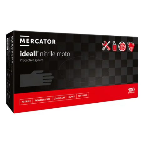 Mercator Ideall Moto vastagított, hosszított, polimerizált és textúrált púdermentes nitril védőkesztyű  fekete 100db